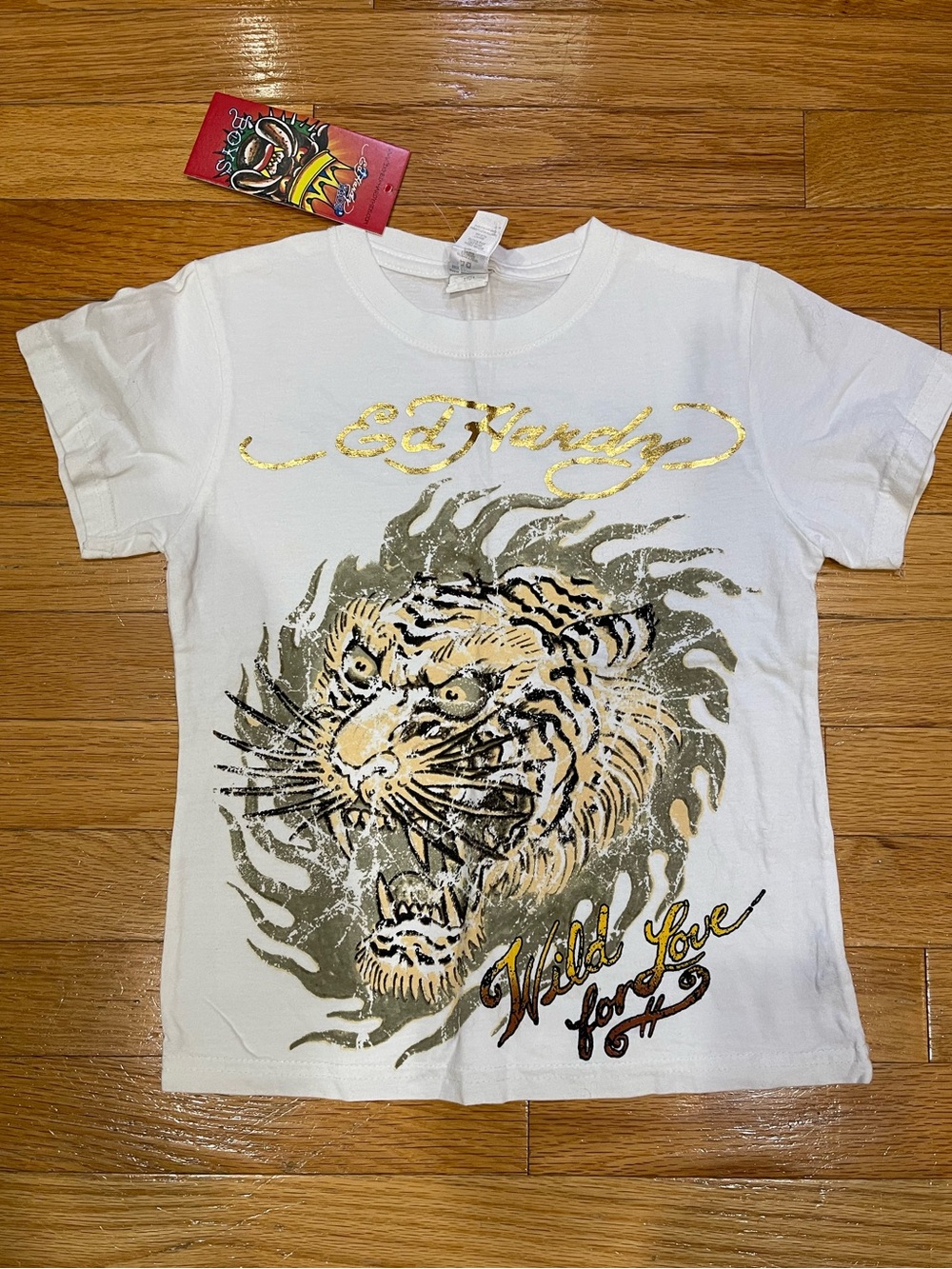 Ed Hardy White Tee with Gold Script & Tiger Graphic